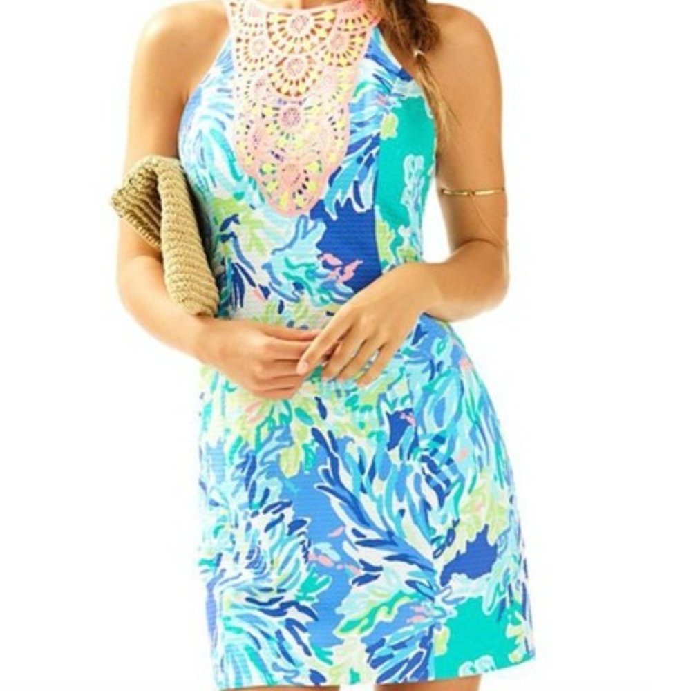 NWT Lilly Pulitzer Scuba Dress Brilliant Blue Wade and Sea Pearl Shift Printed